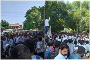 इलाहाबाद यूनिवर्सिटी में फीस बढ़ोतरी और सीटों में कटौती के विरोध में प्रदर्शन करते छात्र